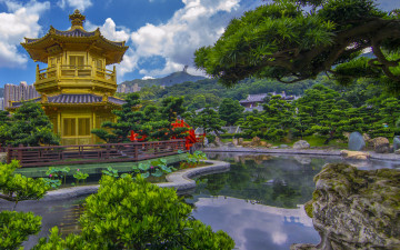 Картинка города гонконг+ китай гонконг hong kong пагода парк ландшафт пруд china