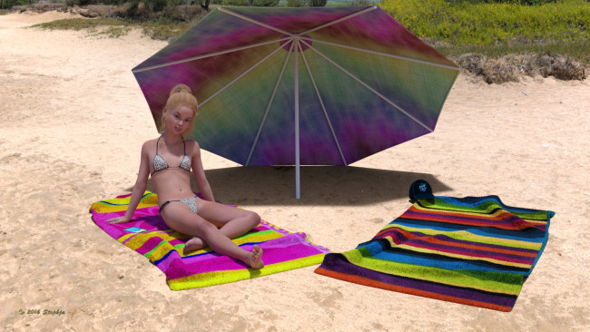 Обои картинки фото 3д графика, люди , people, девушка, взгляд, фон, зонтик, пляж