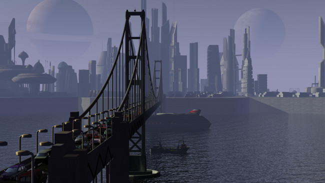 Обои картинки фото 3д графика, архитектура , architecture, мост, река, город