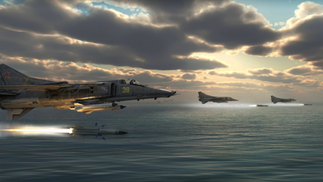 Обои картинки фото авиация, боевые самолёты, х, 31, над, морем, миг, 27, пуск, ракет, атака