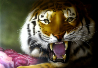 Картинка рисованное животные фон оскал тигр