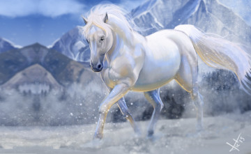 обоя рисованное, животные,  лошади, конь, снег, зима, горы, арт