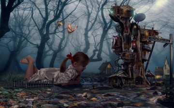 Картинка фэнтези фотоарт девочка мечта сон лес бабочка дом дерево