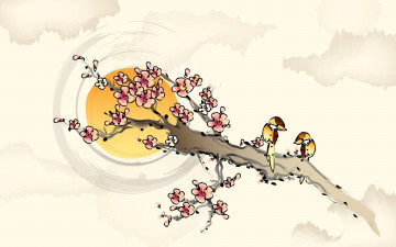 обоя рисованное, природа, ветка, сакура, весна, цветение, птицы