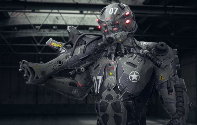Обои картинки фото фэнтези, роботы,  киборги,  механизмы, робот, оружие, exo, mech