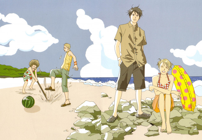 Обои картинки фото аниме, nodame cantabile, парень, девушка, дети, берег, пляж, море, арбуз