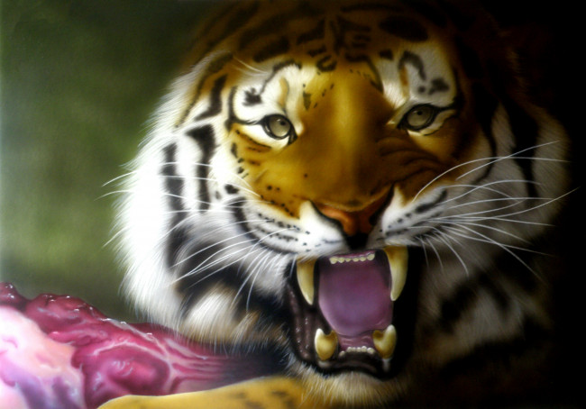 Обои картинки фото рисованное, животные, фон, оскал, тигр
