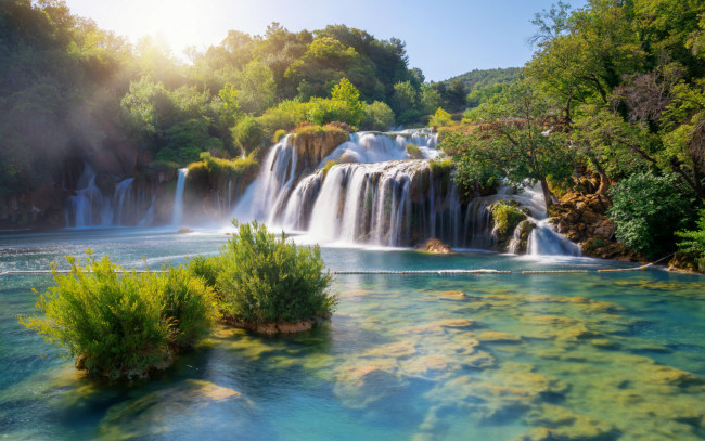 Обои картинки фото природа, водопады, небо, деревья, река, хорватия, крка