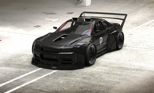 Обои картинки фото nissan skyline gt-r r34 black widow, автомобили, 3д, nissan, skyline, gtr, r34, black, widow