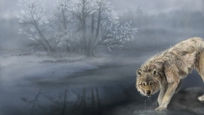 Обои картинки фото рисованное, животные,  волки, волк, ручей, туман