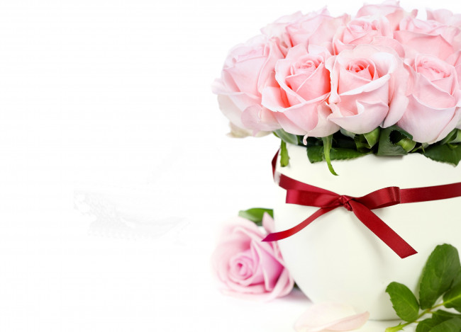 Обои картинки фото цветы, розы, розовые, букет, ваза, лента
