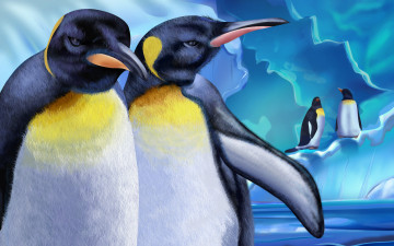 обоя рисованные, животные, птицы, пингвины