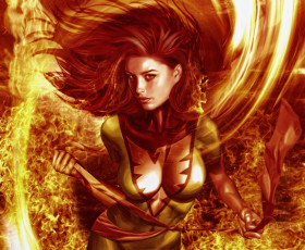 Картинка x-men рисованные кино костюм взгляд огонь девушка phoenix феникс jean grey