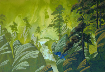 Картинка рисованные природа roger dean фантастика камни водопад полет сосны птица деревья скалы