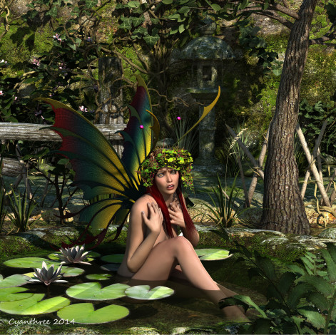 Обои картинки фото 3д графика, elves , эльфы, лотос, лес, крылья, цветы, взгляд, эльфийка