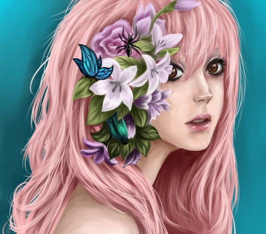 Обои картинки фото рисованные, люди, жук, цветы, розовые, волосы, девушка