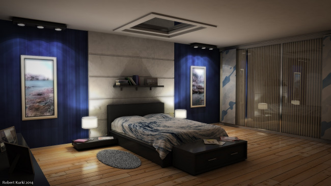 Обои картинки фото 3д графика, realism , реализм, кровать, подушки, светильники, коврик