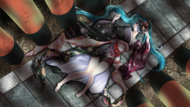 Обои картинки фото аниме, vocaloid, hatsune, miku, арт, девушка, юката, маска, лежит