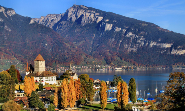Обои картинки фото шпиц швейцария, города, - пейзажи, горы, панорама, дома, пейзаж, озеро