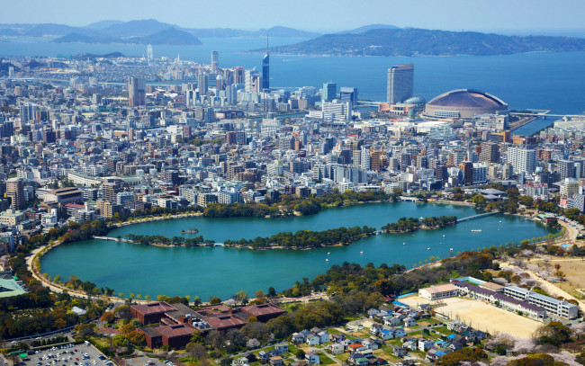 Обои картинки фото города, - панорамы, Япония, fukuoka, мегаполис, дома, озеро, побережье, море, панорама, вид, сверху