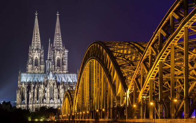 Обои картинки фото мост гогенцоллернов, города, кельн , германия, мост, кёльн, собор, огни, вечер