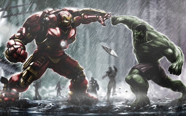 Обои картинки фото рисованное, кино, hulkbuster, броня, tony, stark, hulk, bruce, banner, avengers, age, of, ultron