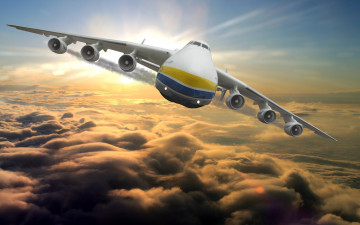 обоя авиация, 3д, рисованые, v-graphic, лучи, облака, небо, полет, самолет