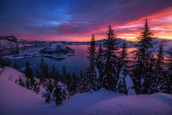 Картинка природа восходы закаты снег горы озеро вечер зима утро вулкан