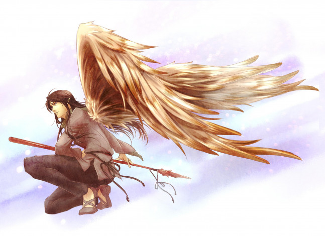 Обои картинки фото аниме, ангелы,  демоны, крылья, ангел, парень, копье