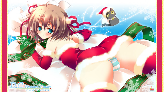 Обои картинки фото аниме, da capo, девочка, костюм, снежинки, кот, банты