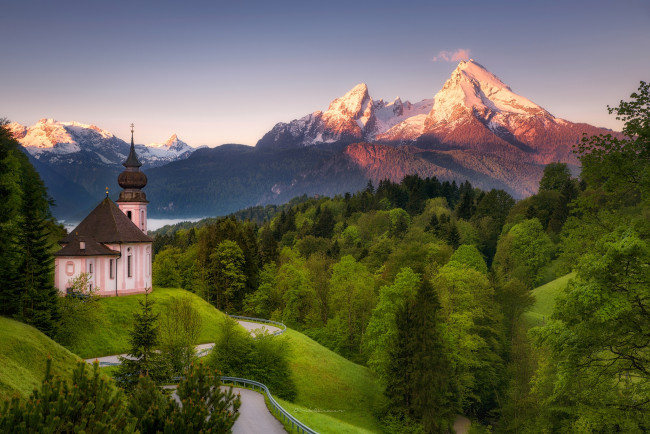 Обои картинки фото города, - пейзажи, весна, горы, церковь, германия, бавария, лес