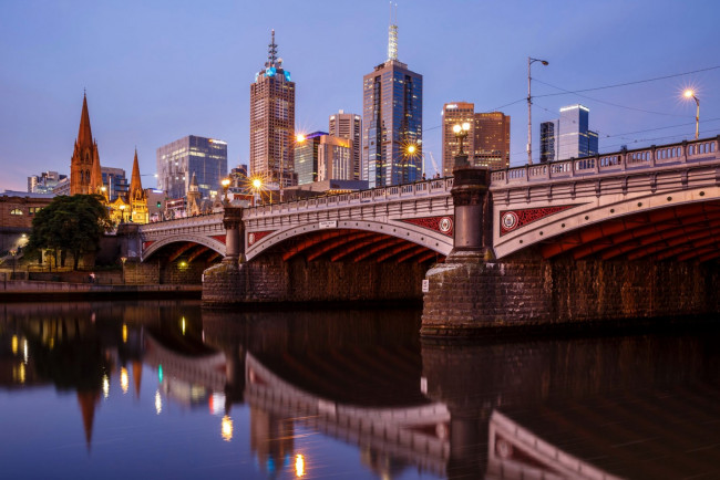 Обои картинки фото города, мельбурн , австралия, река, мост, вечер, огни