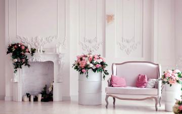 обоя интерьер, гостиная, цветы, диван, камин