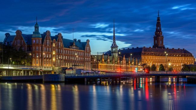 Обои картинки фото города, копенгаген , дания, вечер, мост, река, огни