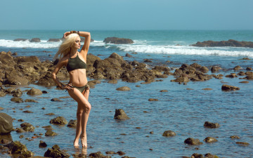 Картинка девушки -+блондинки +светловолосые блондинка купальник море берег камни peyton drew