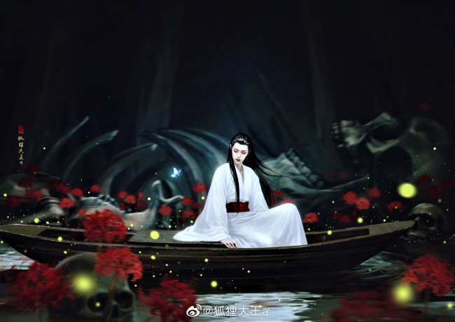 Обои картинки фото аниме, mo dao zu shi, вэй, усянь, лодка, озеро, цветы, череп