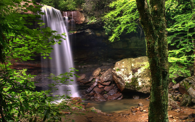 Обои картинки фото природа, водопады, камни, зелень, вода, деревья