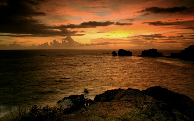Обои картинки фото природа, восходы, закаты, закат, море, берег, облака