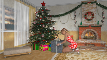 Картинка 3д графика holidays праздники девушка елка камин