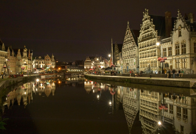 Обои картинки фото бельгия, гент, города, огни, ночного, река, дома, мост, ночь
