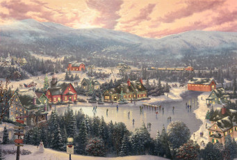 обоя sunset on snowflake lake, рисованные, thomas kinkade, зима, каток, озеро, город, томас, кинкейд