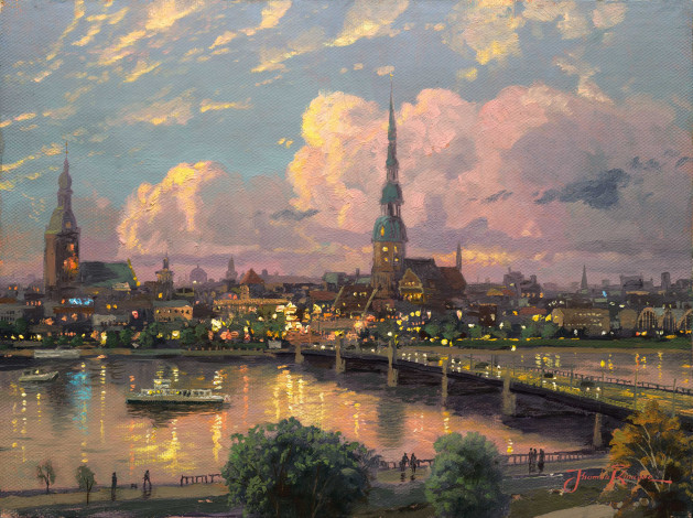 Обои картинки фото sunset over riga,  latvia, рисованные, thomas kinkade, даугава, река, мост, закат, рига, город, томас, кинкейд