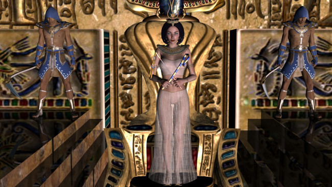 Обои картинки фото elizabeth queen of the nile, 3д графика, fantasy , фантазия, девушка, взгляд, трон, символы, власти, воины, корона