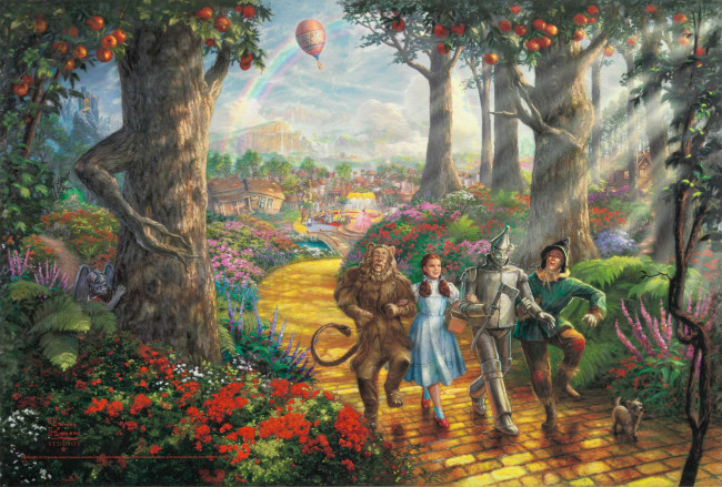 Обои картинки фото follow the yellow brick road, рисованные, thomas kinkade, персонажи, железный, дровосек, страшила, тото, дороти, трусливый, лев