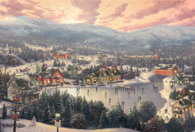 Обои картинки фото sunset on snowflake lake, рисованные, thomas kinkade, зима, каток, озеро, город, томас, кинкейд