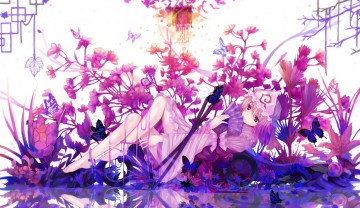 Картинка аниме touhou цветы девушка арт бабочки отражение мечи dead line saigyouji yuyuko