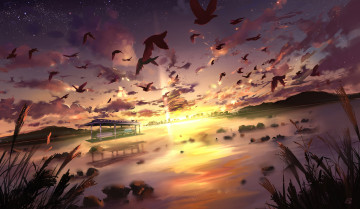 Картинка аниме город +улицы +здания птицы облака вода закат небо арт mikan-121