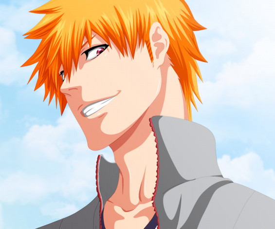 Обои картинки фото аниме, bleach, ichigo, kurosaki, парень, улыбка, взгляд