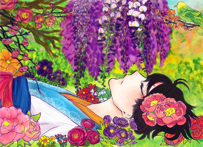 Обои картинки фото аниме, unknown,  другое, птица, кимоно, лежит, цветы, девушка