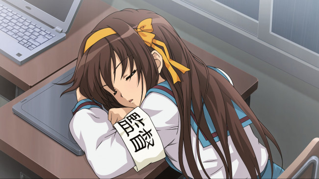 Обои картинки фото аниме, the melancholy of haruhi suzumiya, спит, девушка, suzumiya, haruhi